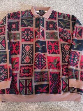 Vtg Ducks Unlimited Aztec Neutral Animal Print Fleece Collared Button Trail XL